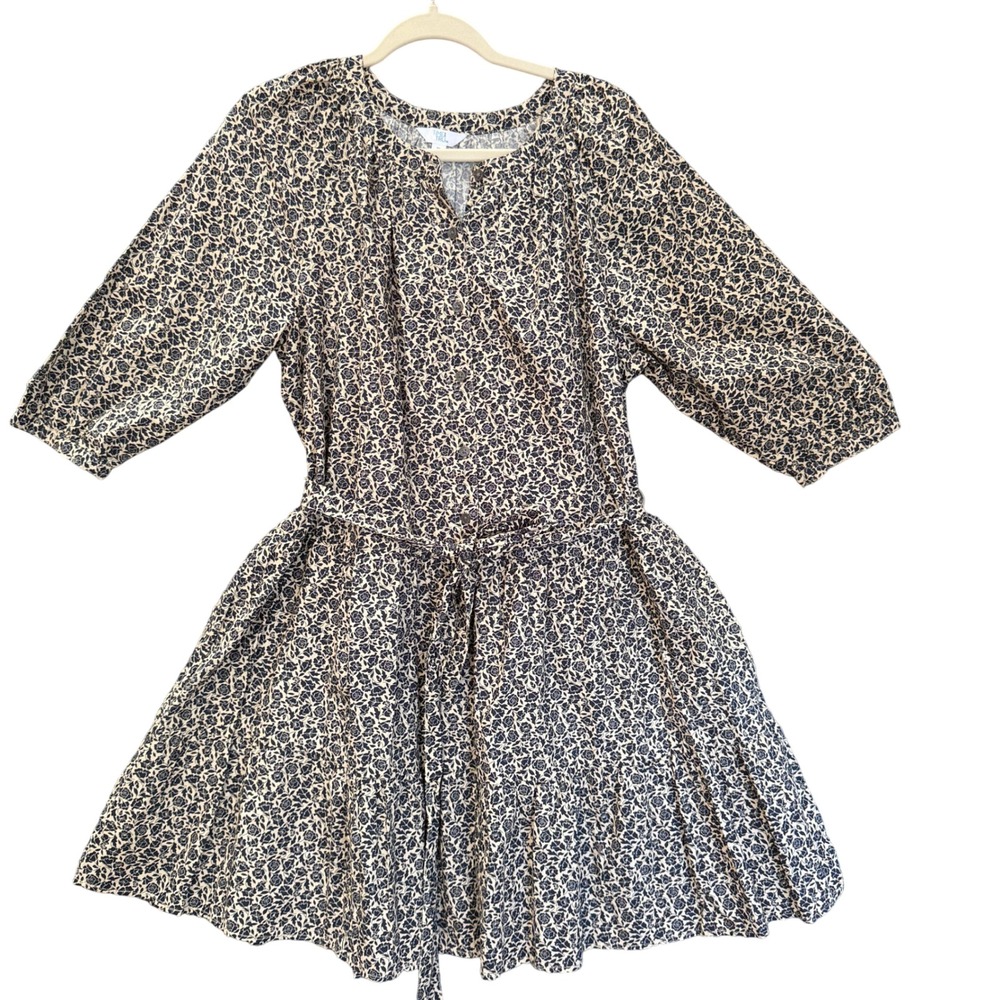 Womans Floral Mini Dress‎ Blue Cream Belted B-26 Size XXL Time and Tru